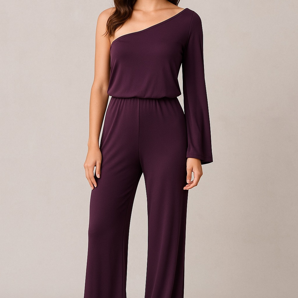 Elegant Purple One-Shoulder Jumpsuit with Flowing Wide-Leg
